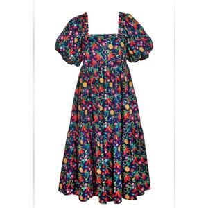 CROSBY by Mollie Burch Chili Pepper Puff Sleeve Navy Midi Dress Pockets Small